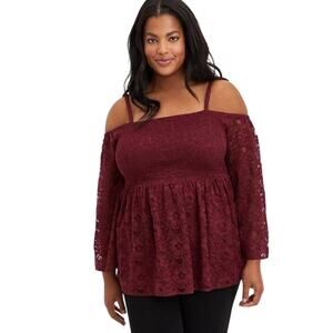 Torrid Babydoll Lace Smocked Cold Shoulder Top, Torrid Size 0 (Large/12)